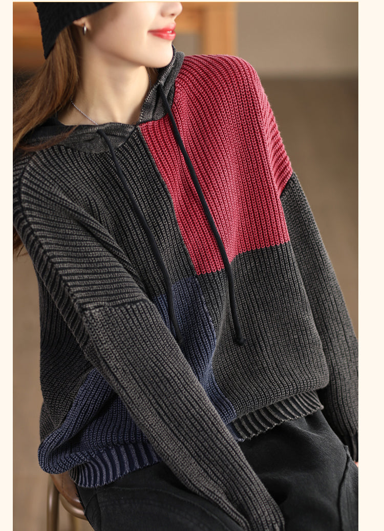 Pull à capuche tricoté vintage à manches longues et color block