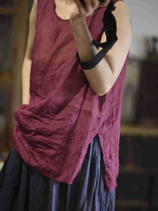 Women Summer Casual Pure Color O-Neck Ramie Vest