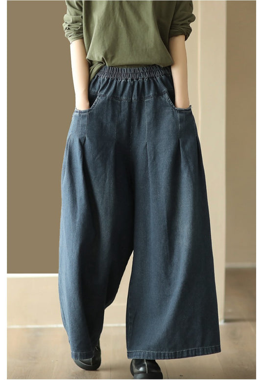 Vintage Baggy Slim Button-Knead Wash Denim Wide-Leg Pants