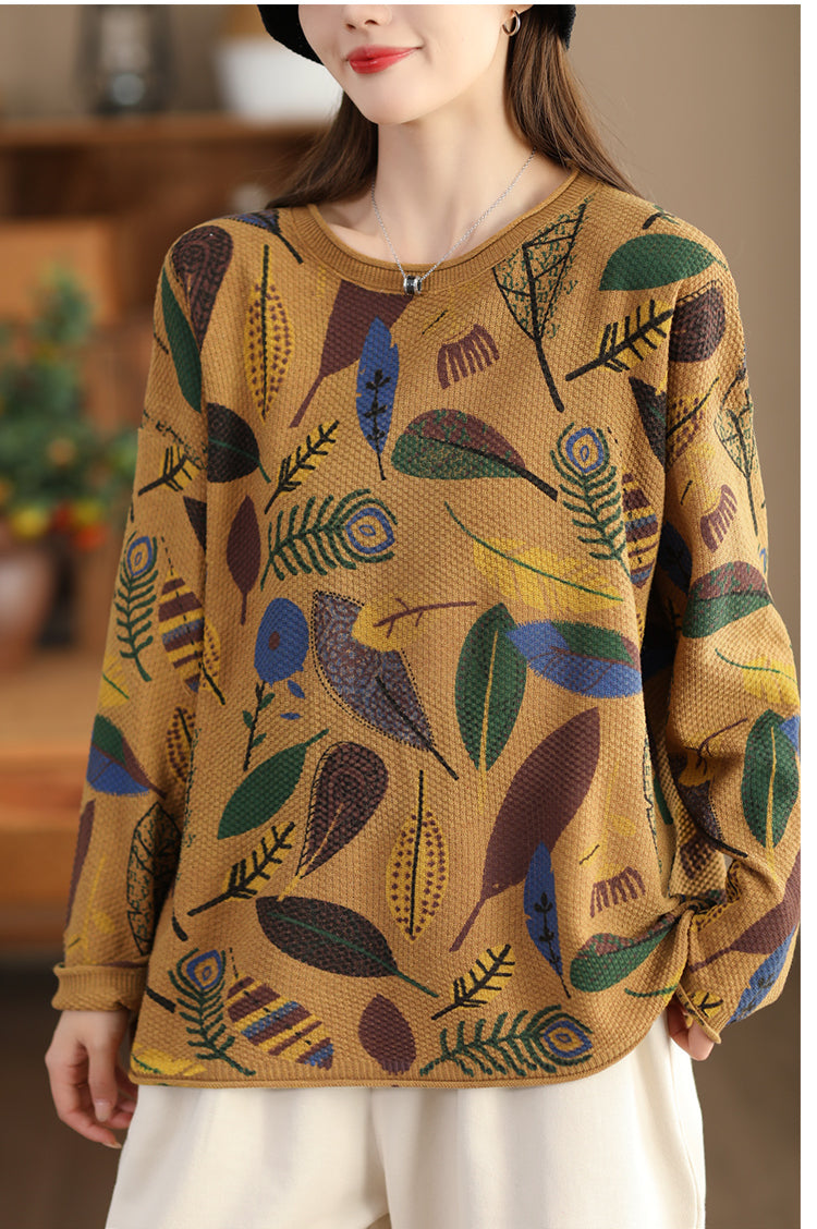 Retro Printed Knitted Artistic Round Neck Long Sleeve Loose Sweater