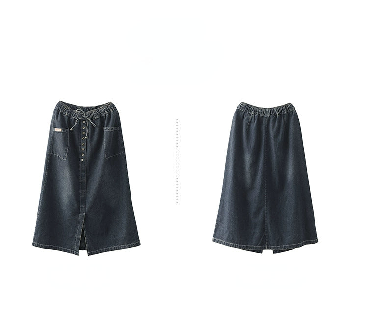 Retro Denim Mid-Length Lace-Up Elastic Waist Artistic Temperament Skirt 