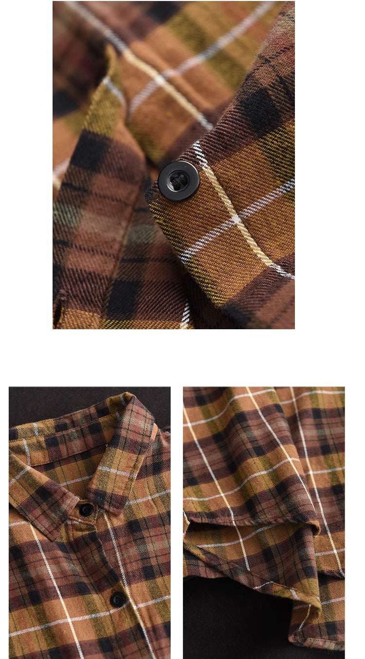 Chemise à revers en coton et lin à carreaux teints en fil, automne et hiver