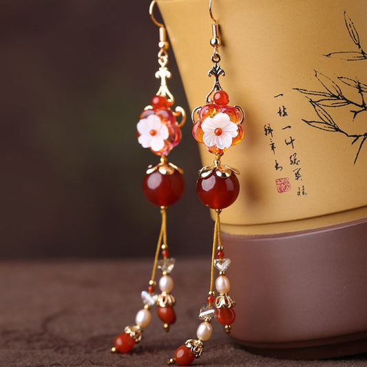 Chinese Style Long Red Tassel Stud Earrings