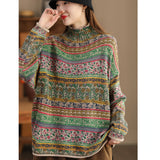 Retro Printed Knitted Loose Turtleneck Long-Sleeved Sweater