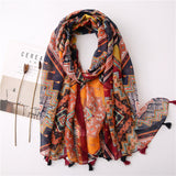 Cotton And Linen Print Bohemian Chic Scarf With Fringe