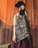 Printed Ramie Outerwear With Suspenders Loose Literary Retro Vest