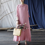 Artsy Vintage Stand Collar Tray Buckle Long Solid Color Dress
