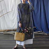 Artsy Vintage Loose Stand Collar Hand-Made Button Dress