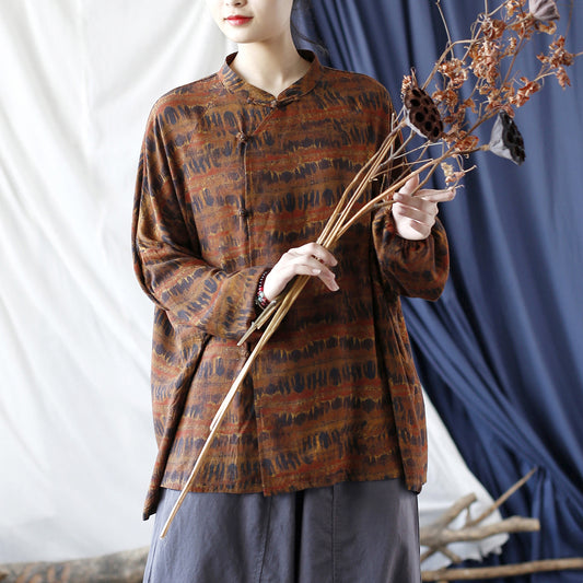 Cotton And Linen Printed Baggy And Slim Vintage Shirt With Stand Collar