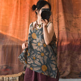 Printed Ramie Outerwear With Suspenders Loose Literary Retro Vest
