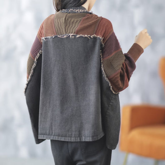 Veste en jean ample à col en V tricotée à bords bruts vintage