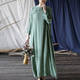 Artsy Vintage Stand Collar Tray Buckle Long Solid Color Dress