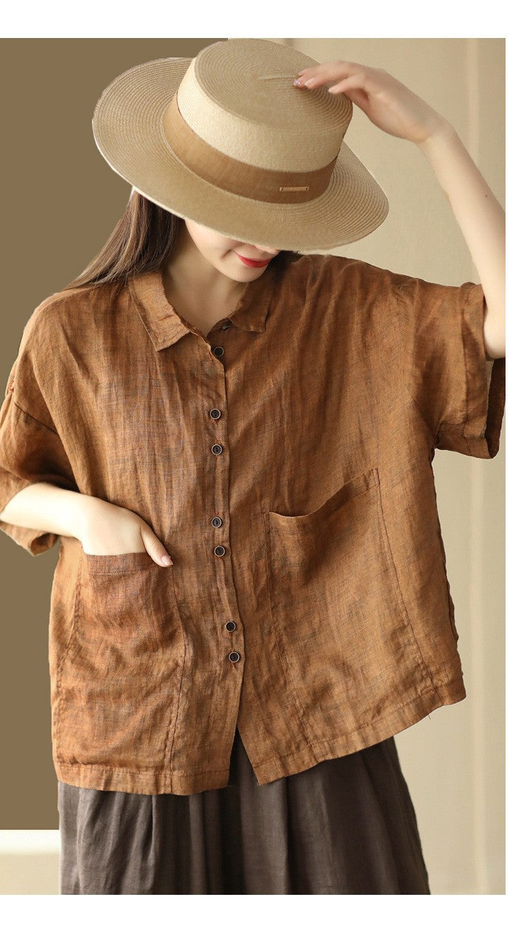 Literary Fried Color Lapel Solid Color Ramie Shirt