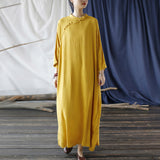 Artsy Vintage Stand Collar Tray Buckle Long Solid Color Dress