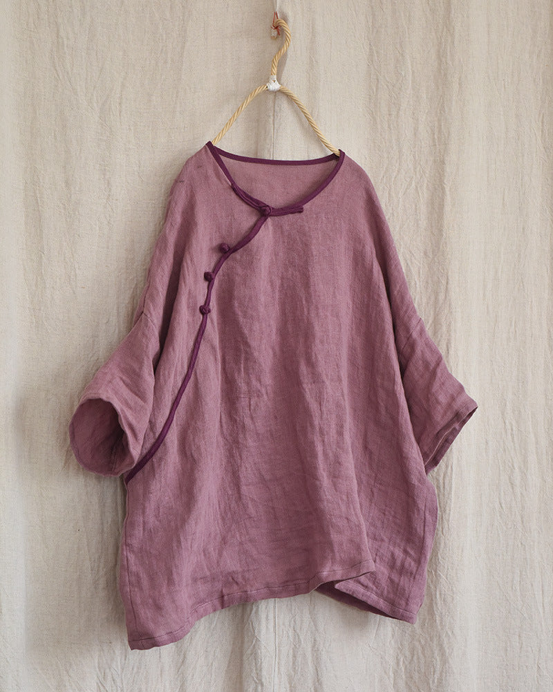 Loose Large Size Slanted Linen Retro Buttoned Top
