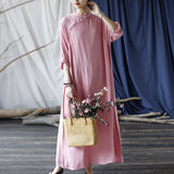 Artsy Vintage Stand Collar Tray Buckle Long Solid Color Dress