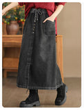 Retro Denim Mid-Length Lace-Up Elastic Waist Artistic Temperament Skirt 