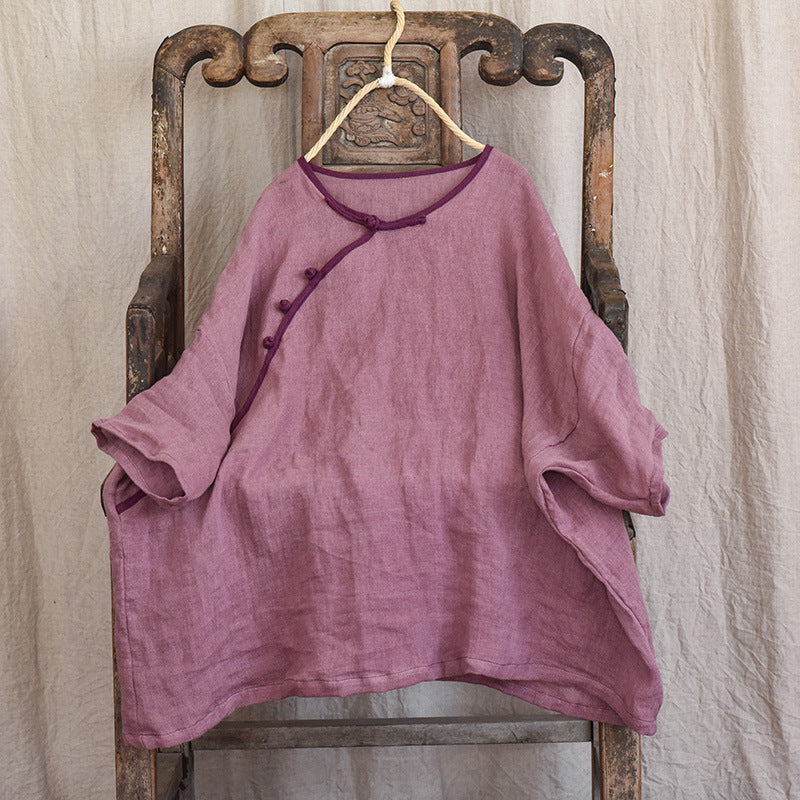 Loose Large Size Slanted Linen Retro Buttoned Top