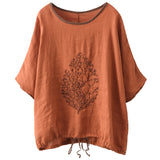 Artistic Round Neck Linen Loose Embroidered Top