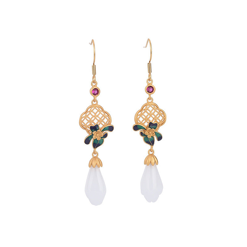 Ancient Gold Enamel High-Quality Jade Earrings