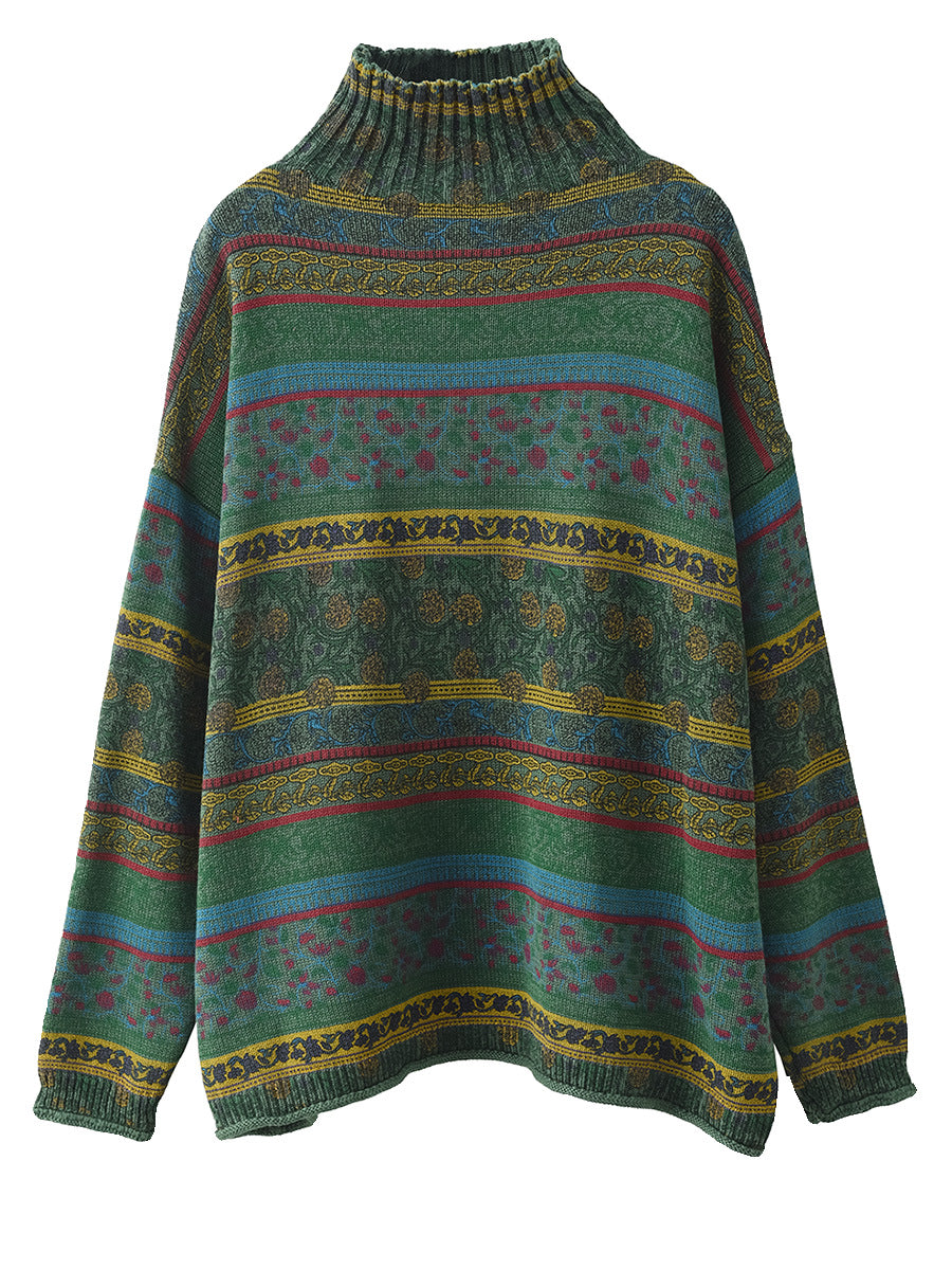 Retro Printed Knitted Loose Turtleneck Long-Sleeved Sweater