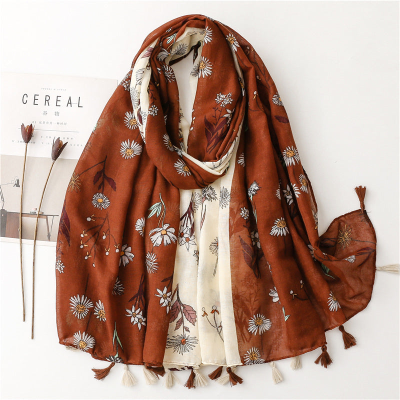 Cotton And Linen Print Bohemian Chic Scarf With Fringe
