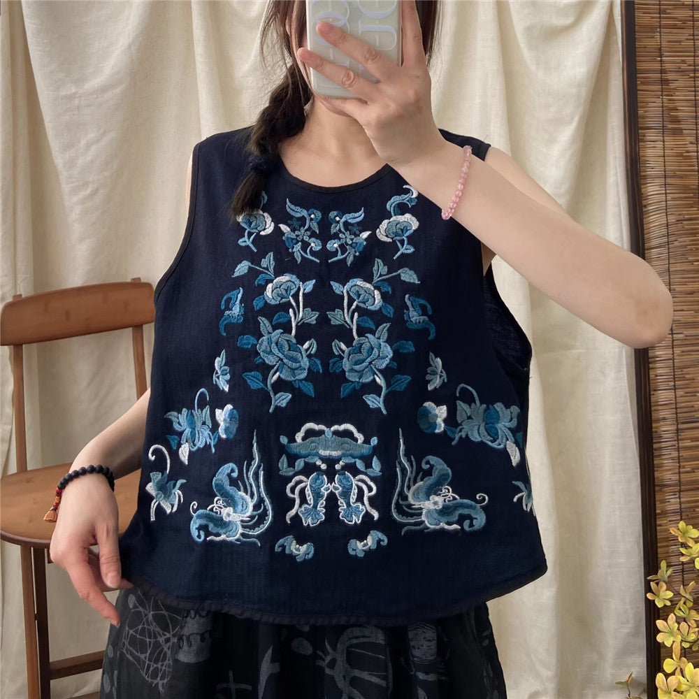 Loose Artistic Cotton Linen Embroidery Sleeveless Vest