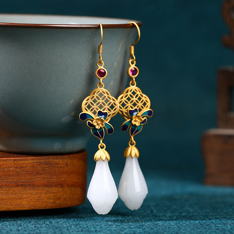 Ancient Gold Enamel High-Quality Jade Earrings