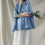 Oversized Solid Color Linen Loose Half Sleeve Round Neck T-Shirt