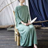 Artsy Vintage Stand Collar Tray Buckle Long Solid Color Dress
