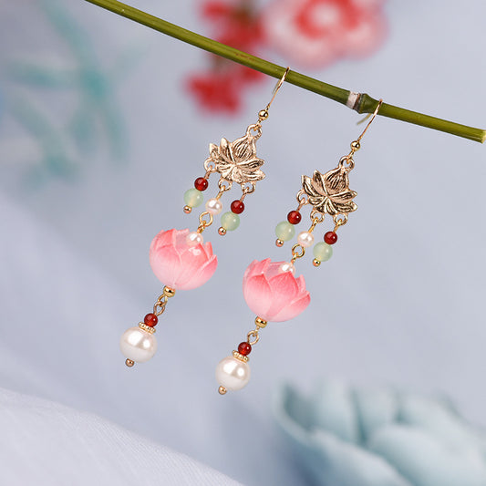 Chinese Style Classical Nasturtium Long Tassel Earrings