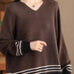 Cotton Knitted Striped V-Neck Long-Sleeved Pullover Sweater