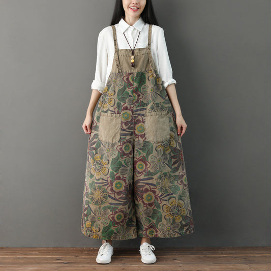 Retro Adjustable Printed Suspenders Colorblock Denim Overalls