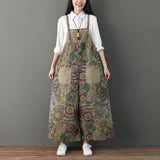 Retro Adjustable Printed Suspenders Colorblock Denim Overalls