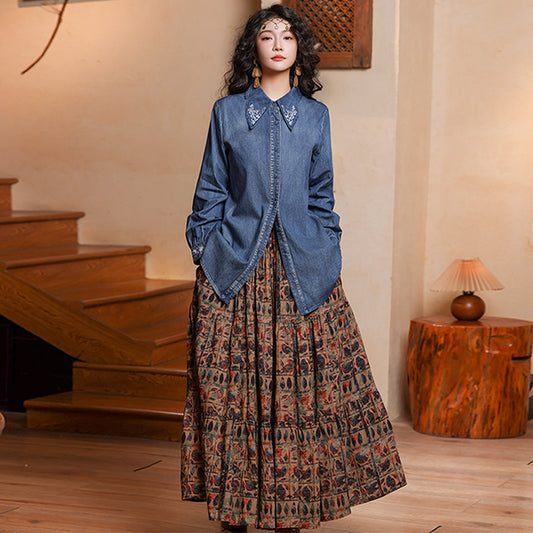 Retro Floral Slim Fit Hip-Covering Comfortable Long Skirt