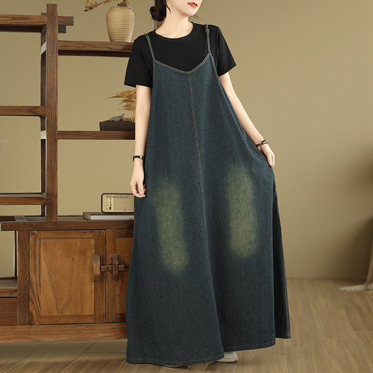 Retro Art And Relaxed Denim Suspender Dress