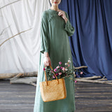 Artsy Vintage Stand Collar Tray Buckle Long Solid Color Dress