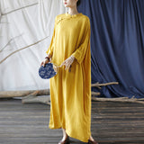 Artsy Vintage Stand Collar Tray Buckle Long Solid Color Dress