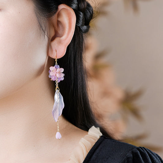 Niche Retro High-End Glass Flower Long Tassel Asymmetric Earrings 