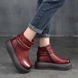 Vintage Brushed Cowhide Platform Thick-Soled Ethnic Style Boots