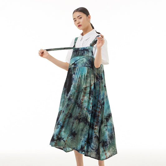 Plus Size Temperament Loose Slim Dress Tie-Dye Suspender Dress
