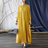 Artsy Vintage Stand Collar Tray Buckle Long Solid Color Dress