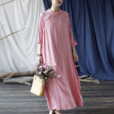 Artsy Vintage Stand Collar Tray Buckle Long Solid Color Dress
