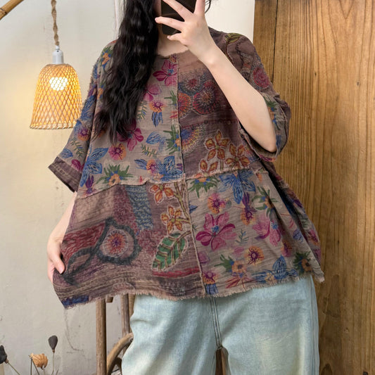 Women Summer Retro Flower Spliced O-Neck Cotton Shirt