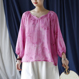 Ramie Printed V-Neck Lantern Sleeve Top