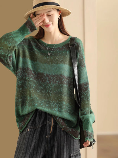 Vintage Print Knit Crew Neck Long-Sleeved Baggy Sweater