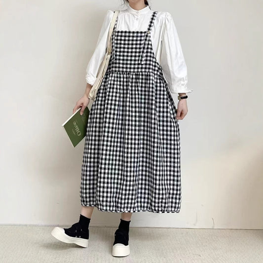 New Suspender Skirt Plaid Slim Temperament Medium Long Dress