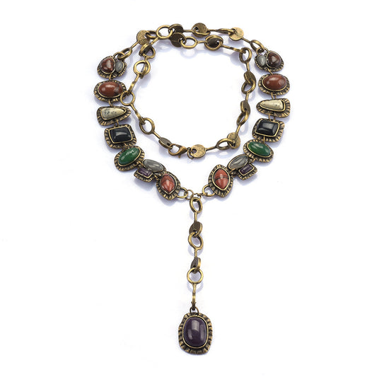 Collier long de collier de pierres précieuses en métal vintage