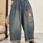 Spring Retro Loose Washed White Embroidered Loose Jeans