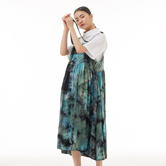Plus Size Temperament Loose Slim Dress Tie-Dye Suspender Dress